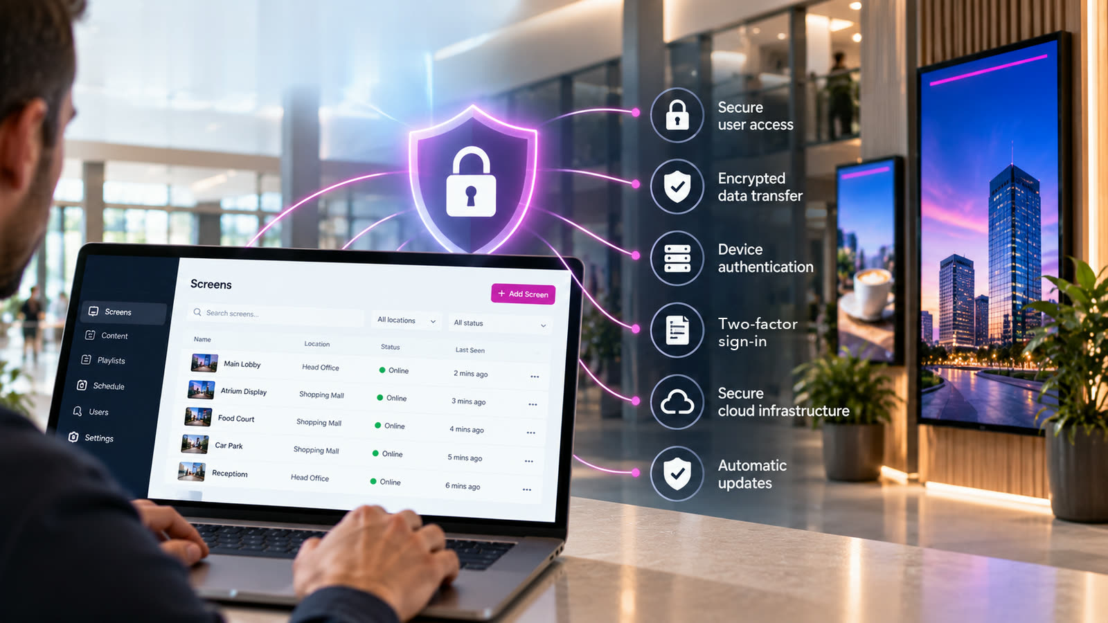 Someone managing screens in Catch Vision on a laptop, with the main protections shown: secure user access, encrypted data transfer, device authentication, two-factor sign-in, secure cloud infrastructure and automatic updates