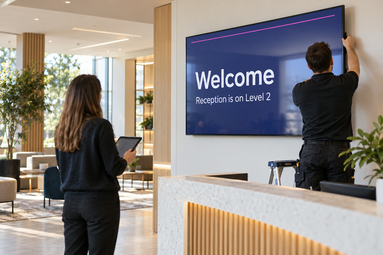 A technician fixing a welcome screen to a reception wall while a colleague checks a tablet