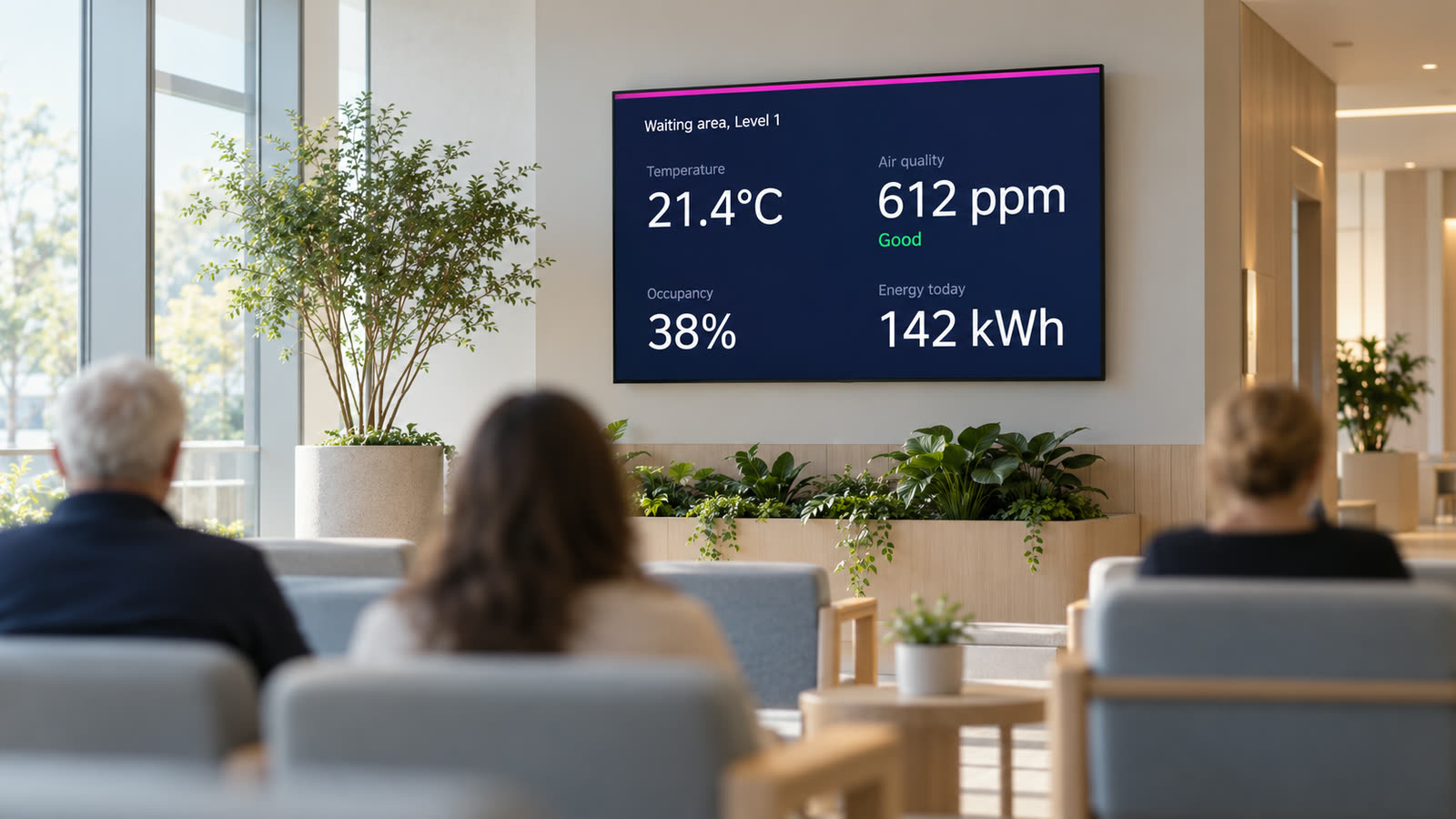 A waiting room screen showing live building data: temperature, air quality, occupancy and energy use