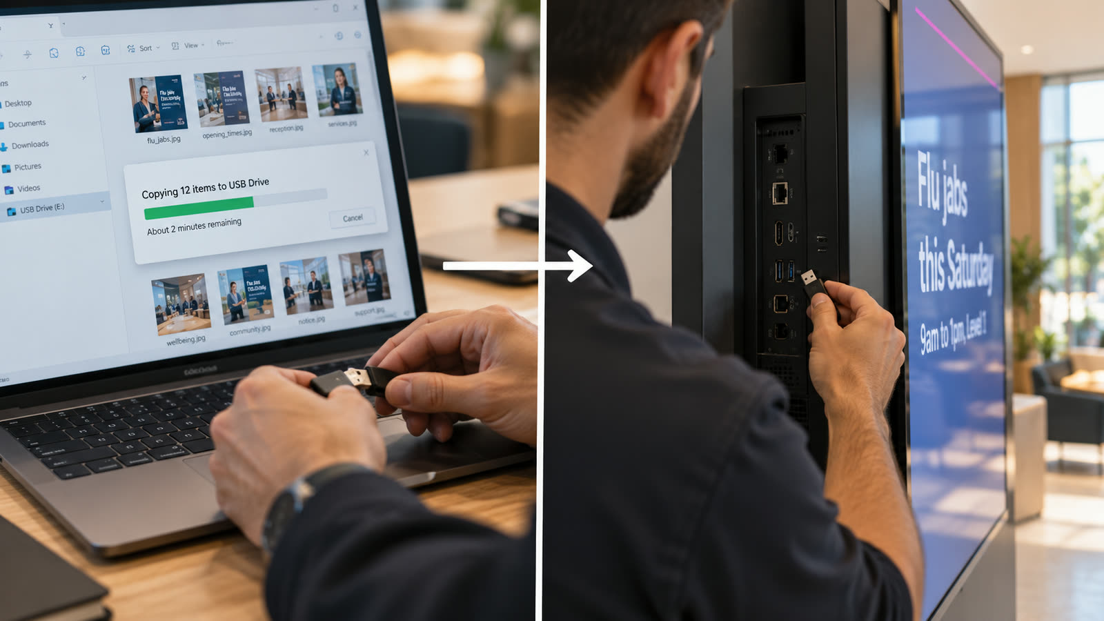 Someone copying files to a USB stick to plug into the back of a lobby screen, a trip repeated for every screen